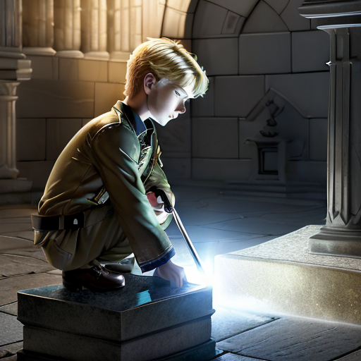 A poignant scene of Cole, now grown in wisdom and stature, placing the Excalibur back into its stone, the crypt glowing with a peaceful light, reflecting on his face filled with contentment and resolve.